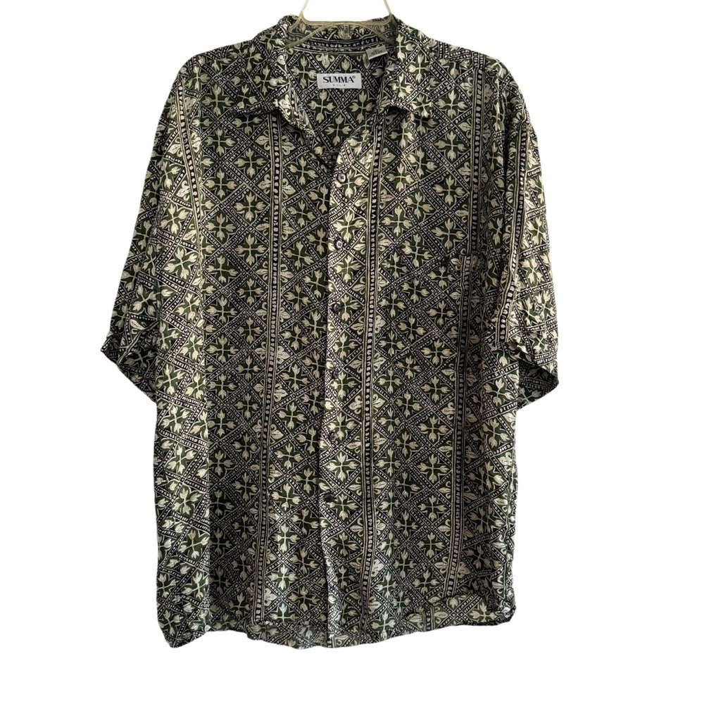 VTG Summa 100% Silk Shirt Button Up Green Geometric Short Sleeve Artsy Earthy L